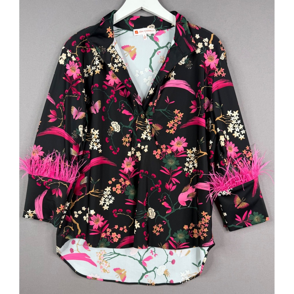 Jude Connally Belinda Pullover Topโ Womens S Black Floral Feather Trim Party